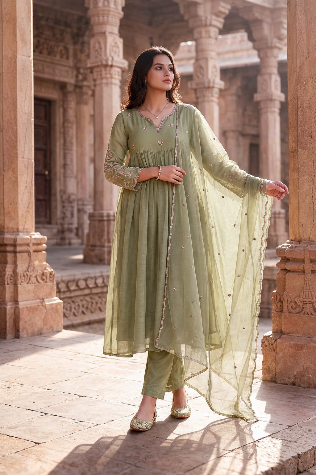 Pista Green Embroidered Ethnic Set for Women – Festive & Occasion Wear